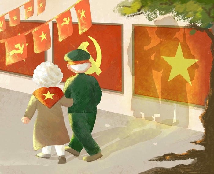 Tranh mừng quốc khánh hai em nhỏ dắt tay nhau đi học