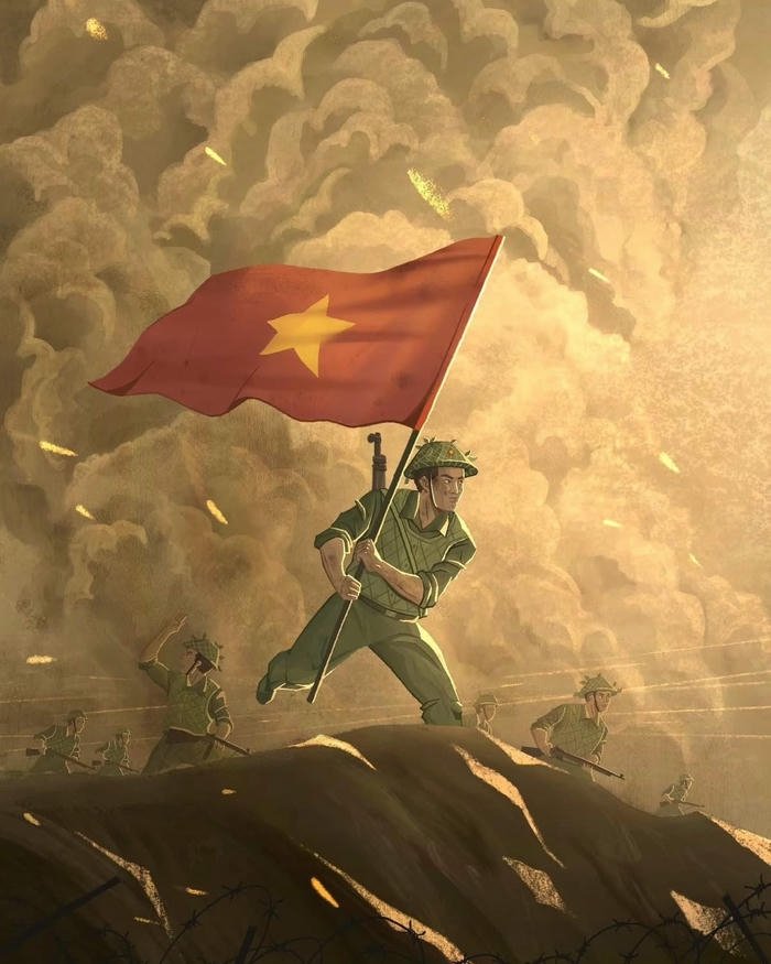 Tranh mừng quốc khánh người dân diễu hành mừng chiến thắng