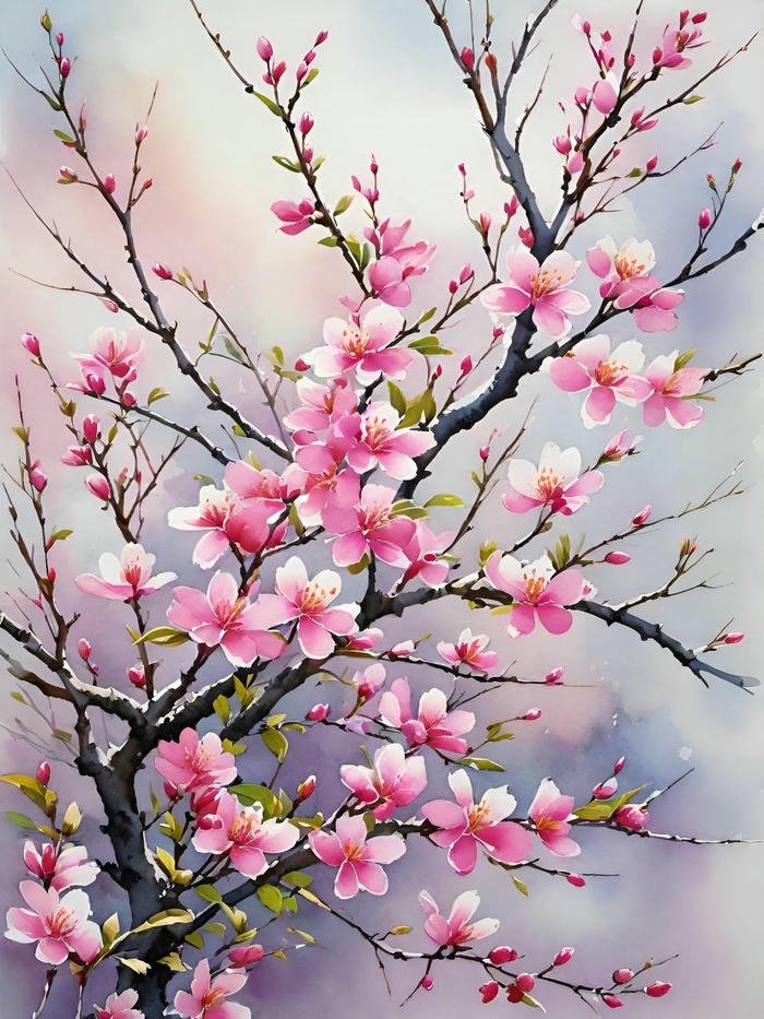Tranh phong cảnh hoa đào cành vươn cao sức sống