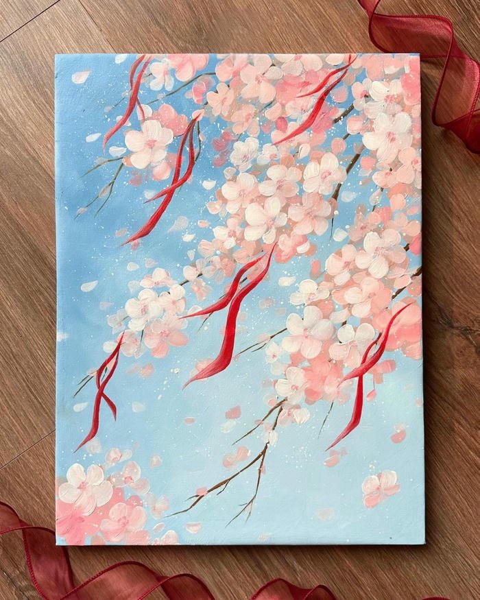 Tranh phong cảnh hoa đào nền trời xanh mây trắng