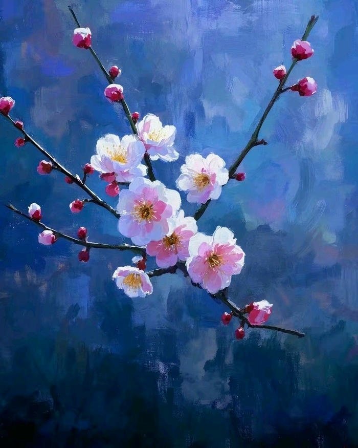 Tranh phong cảnh hoa đào nền xanh dương huyền bí