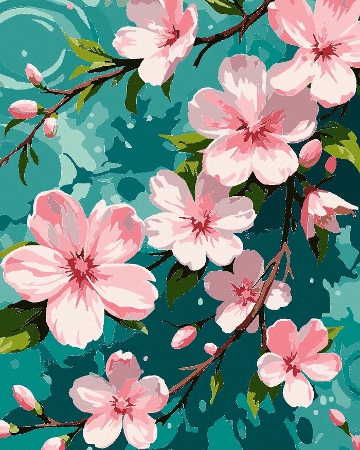 Tranh phong cảnh hoa đào nền xanh ngọc bích đẹp