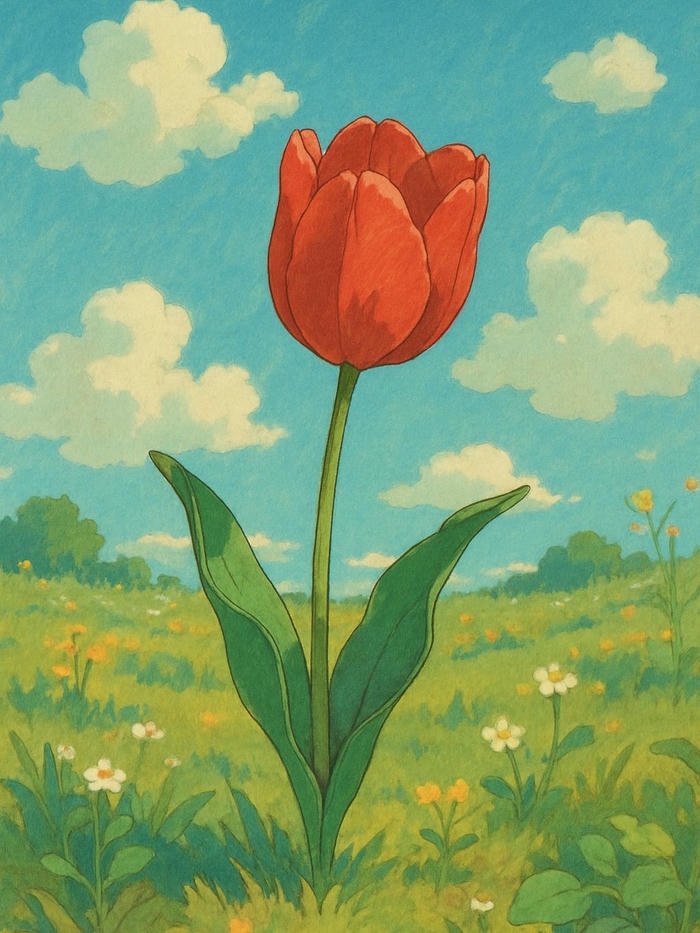 Tranh phong cảnh hoa tulip đỏ đơn độc giữa đồng cỏ