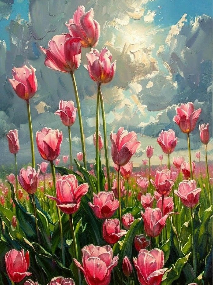 Tranh phong cảnh hoa tulip hồng dưới ánh nắng ban mai