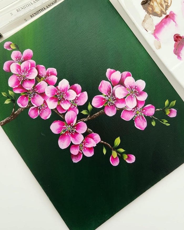 Tranh sơn dầu hoa đào nền xanh lá cây đậm
