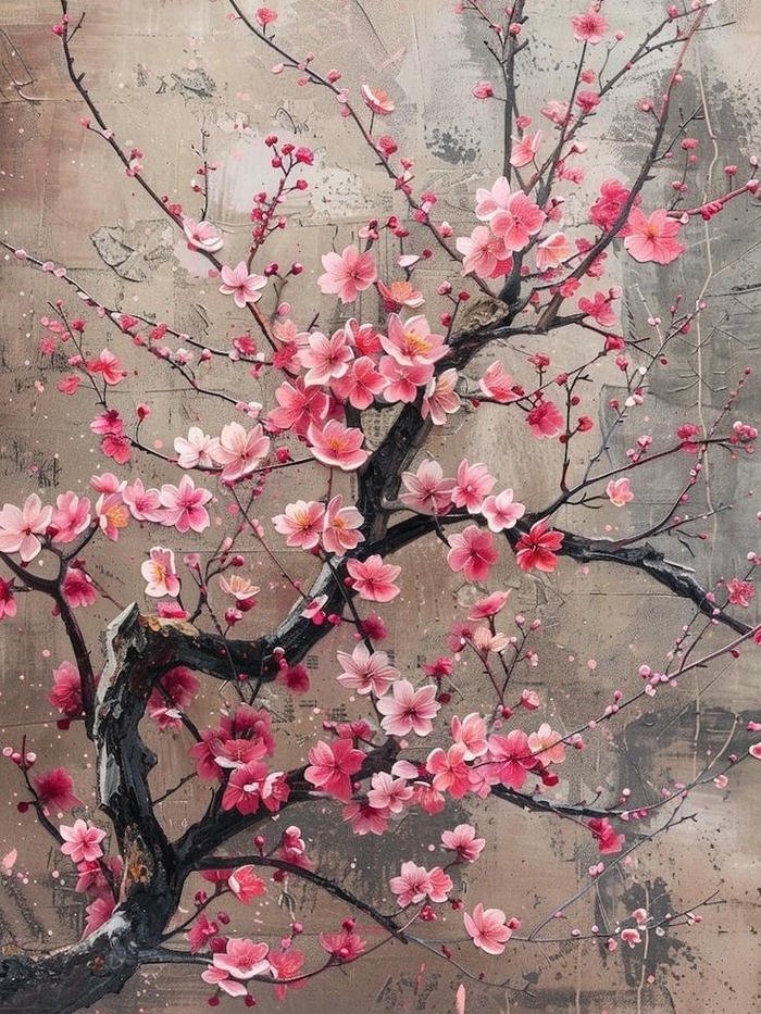 Tranh sơn dầu hoa đào nét vẽ phóng khoáng tự nhiên