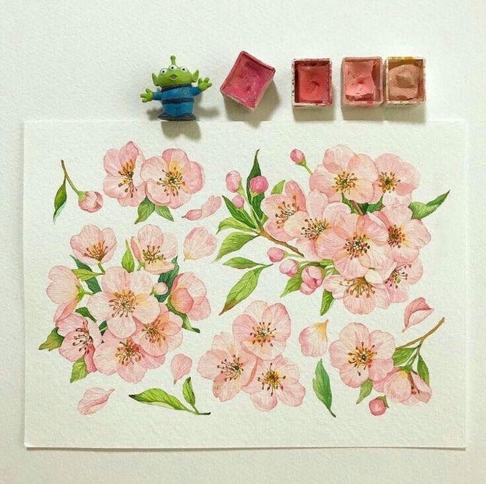 Tranh sơn dầu hoa đào vẽ màu nước nhẹ nhàng