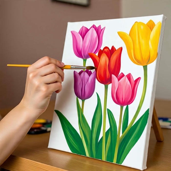 Tranh sơn dầu hoa tulip đang được họa sĩ tô màu