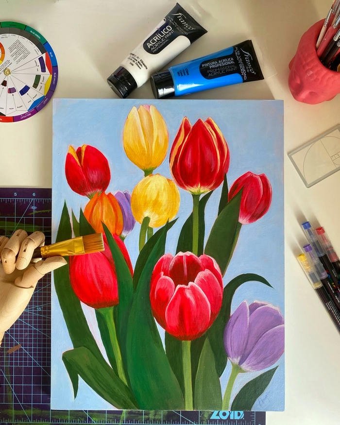 Tranh sơn dầu hoa tulip đang vẽ dở dang trên toan