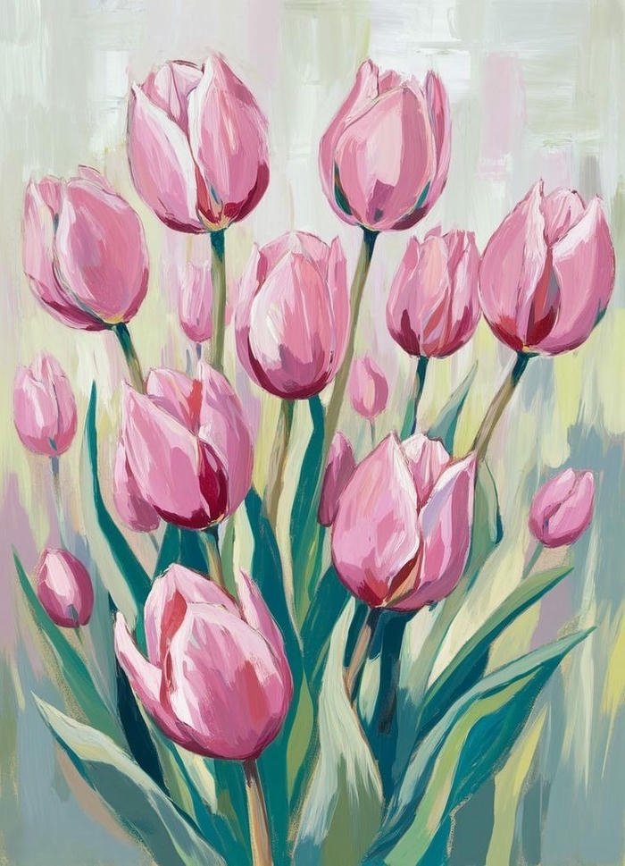 Tranh sơn dầu hoa tulip hồng phấn dịu dàng dễ thương