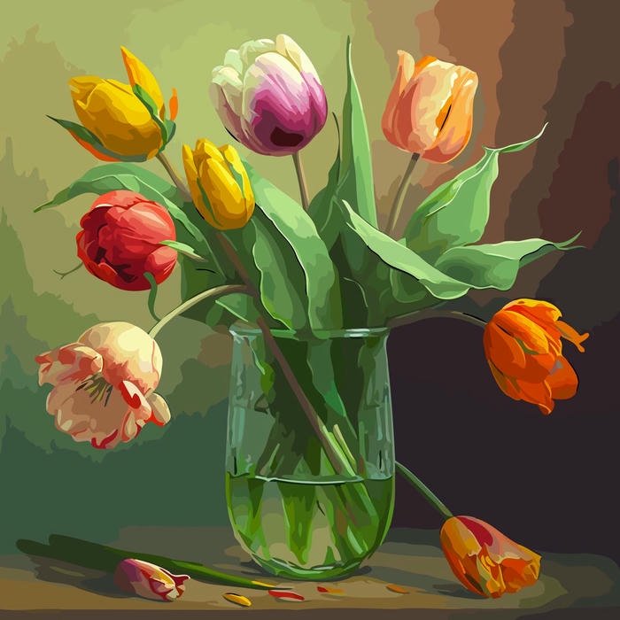 Tranh sơn dầu hoa tulip vàng cam rực rỡ trong bình