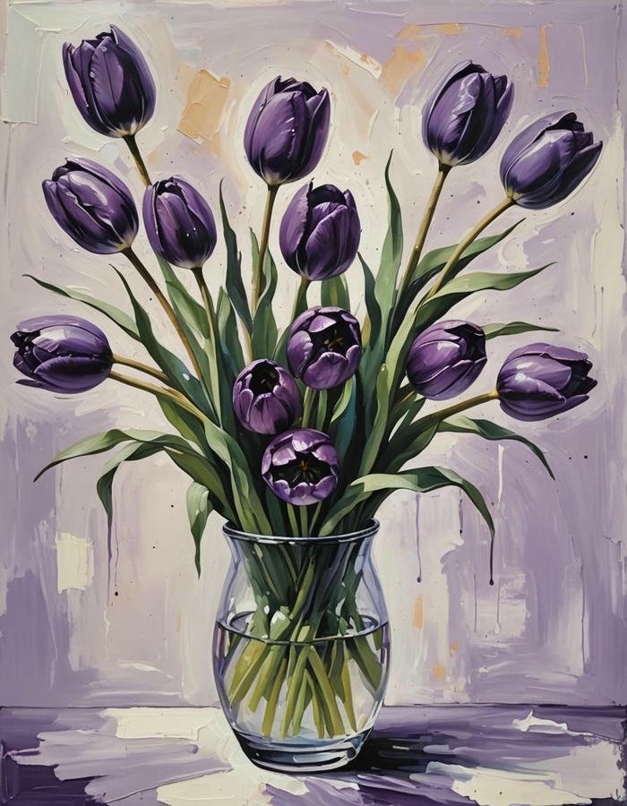 Tranh tĩnh vật hoa tulip tím mộng mơ trong bình kính