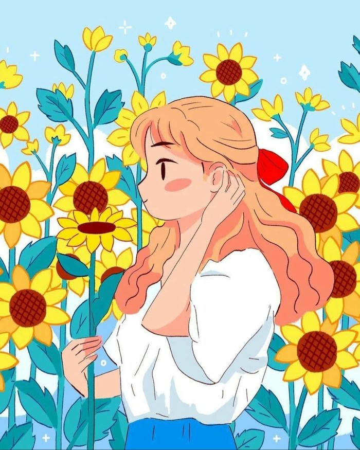 Tranh vẽ anime hoa hướng dương cô gái tóc cam xinh