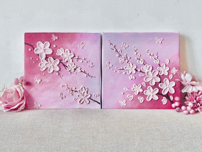 Tranh vẽ hoa đào đẹp bộ ba bức ghép hiện đại