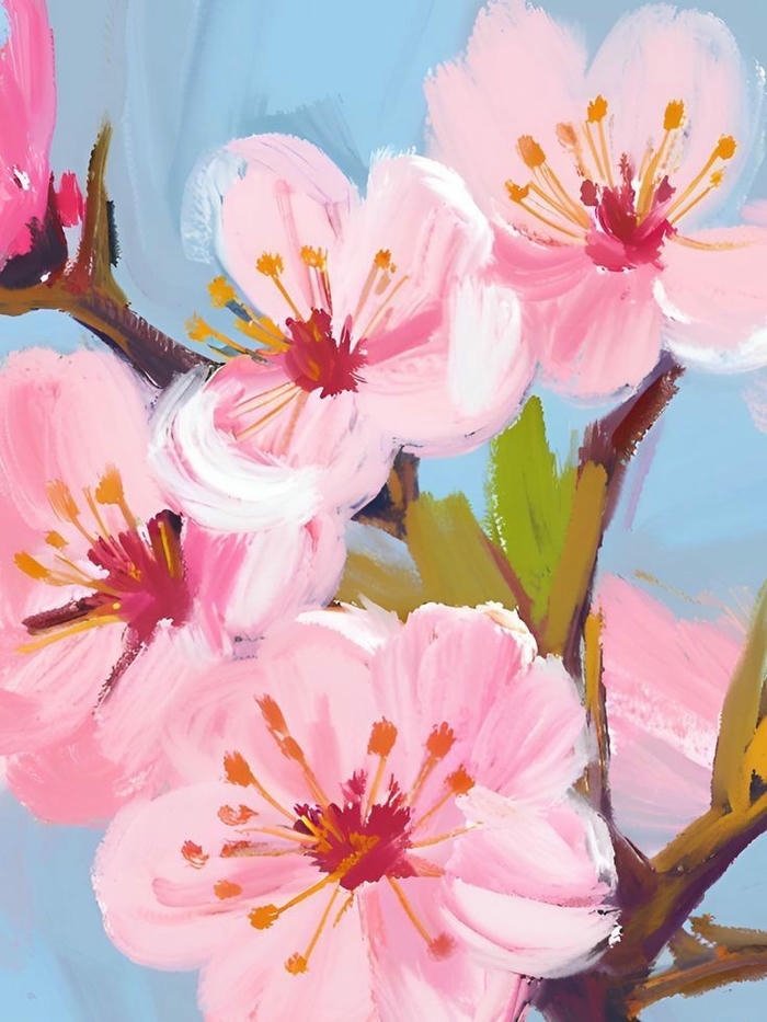 Tranh vẽ hoa đào đẹp cận cảnh nền xanh dương