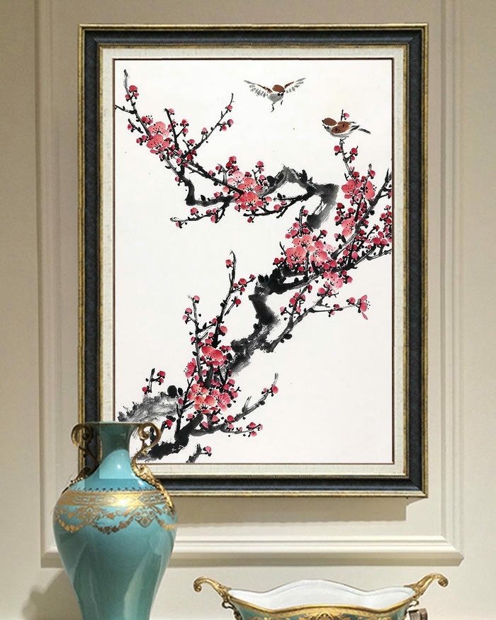 Tranh vẽ hoa đào đẹp cành khẳng khiu nghệ thuật