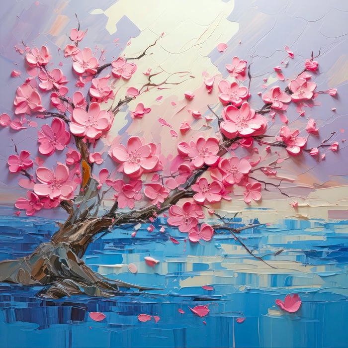 Tranh vẽ hoa đào đẹp cây cổ thụ bên hồ nước