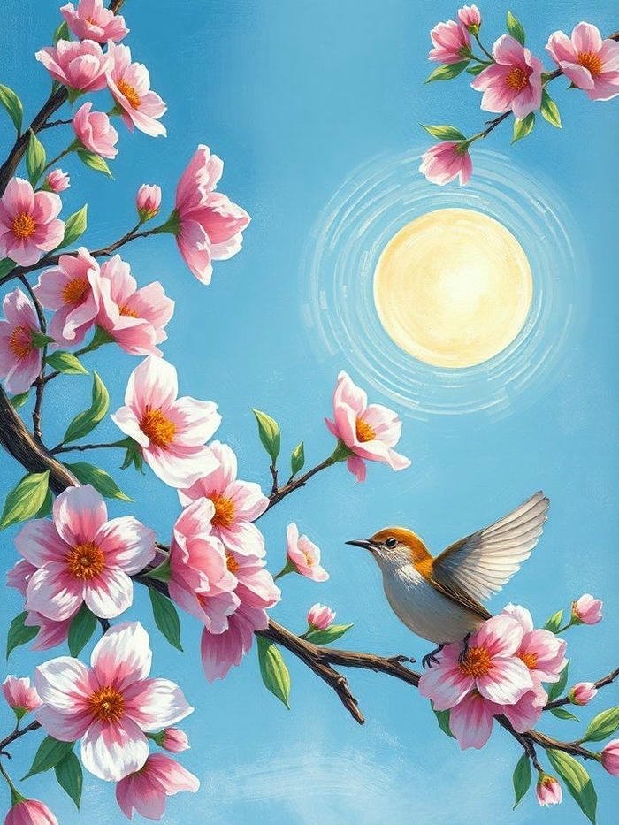 Tranh vẽ hoa đào đẹp chim hót dưới ánh trăng vàng