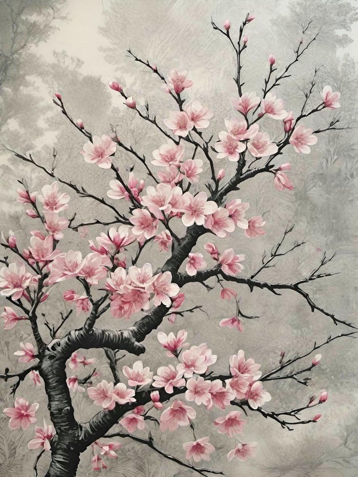 Tranh vẽ hoa đào đẹp dáng cây cổ thụ nền xám