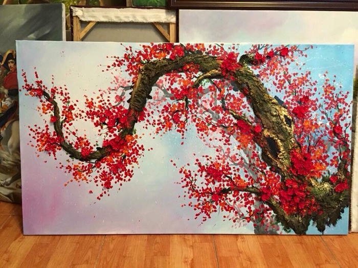 Tranh vẽ hoa đào đẹp dáng rồng bay uốn lượn