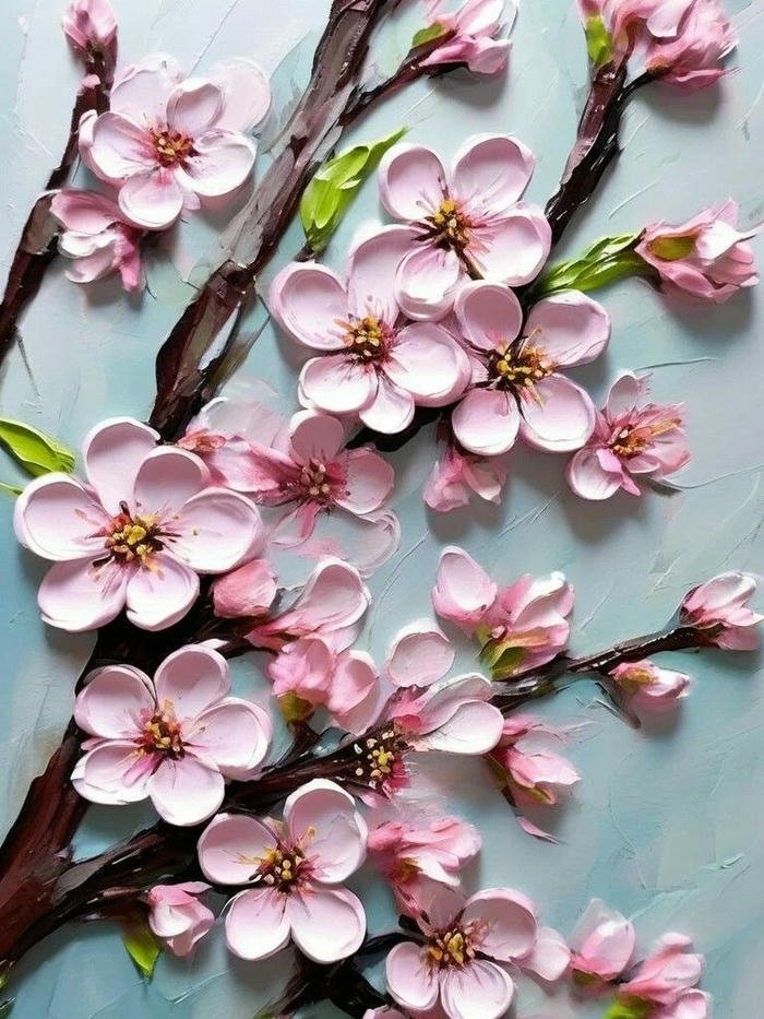 Tranh vẽ hoa đào đẹp đắp nổi 3D trên cành cây