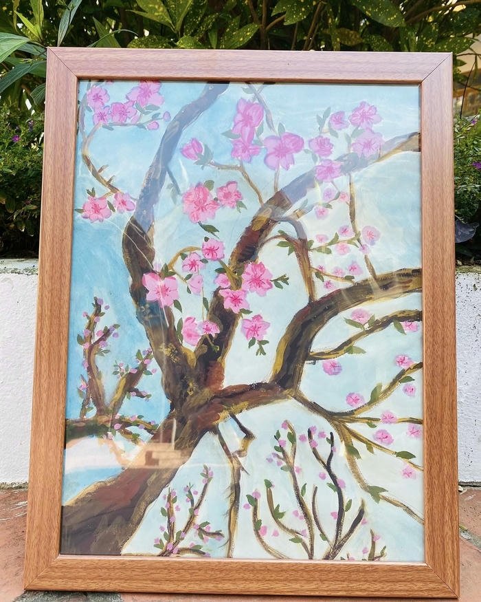 Tranh vẽ hoa đào đẹp góc nhìn từ dưới lên trời