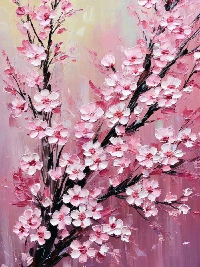 Tranh vẽ hoa đào đẹp khổ dọc nở rộ hồng thắm