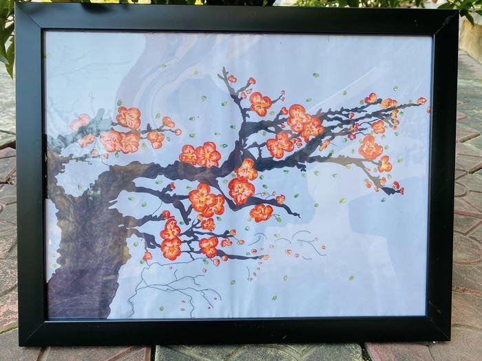 Tranh vẽ hoa đào đẹp khổ ngang treo phòng khách