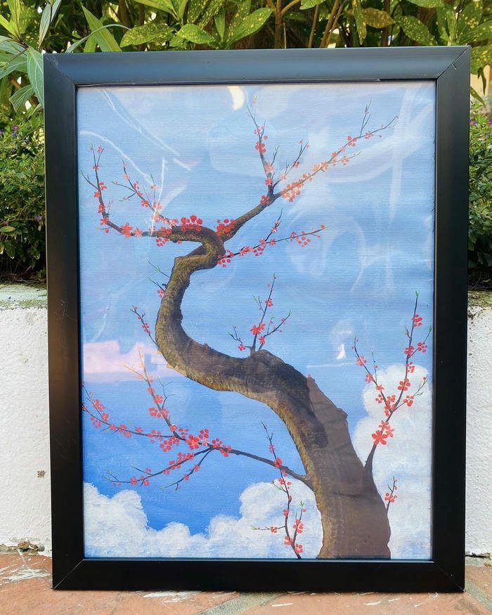 Tranh vẽ hoa đào đẹp khung kính gốc cây to