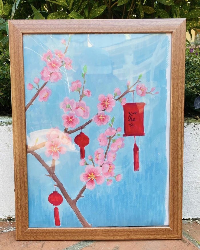 Tranh vẽ hoa đào đẹp lồng đèn đỏ trang trí tết