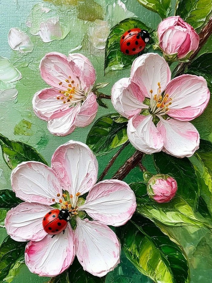 Tranh vẽ hoa đào đẹp màu hồng phấn nền xanh lá