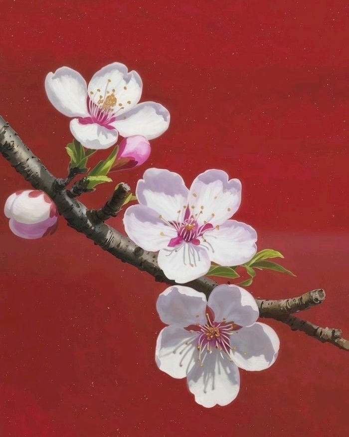 Tranh vẽ hoa đào đẹp nền đỏ rực rỡ sắc xuân