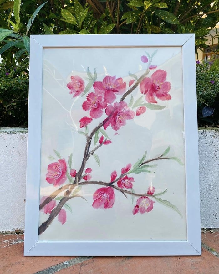Tranh vẽ hoa đào đẹp treo tường nền trắng tinh tế
