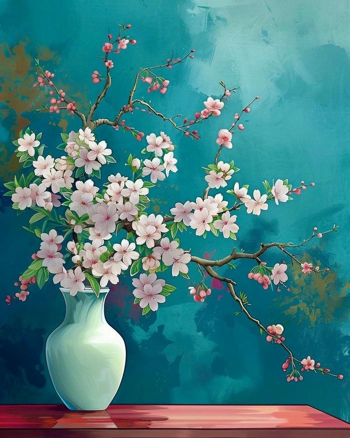 Tranh vẽ hoa đào đẹp trong bình gốm nền xanh