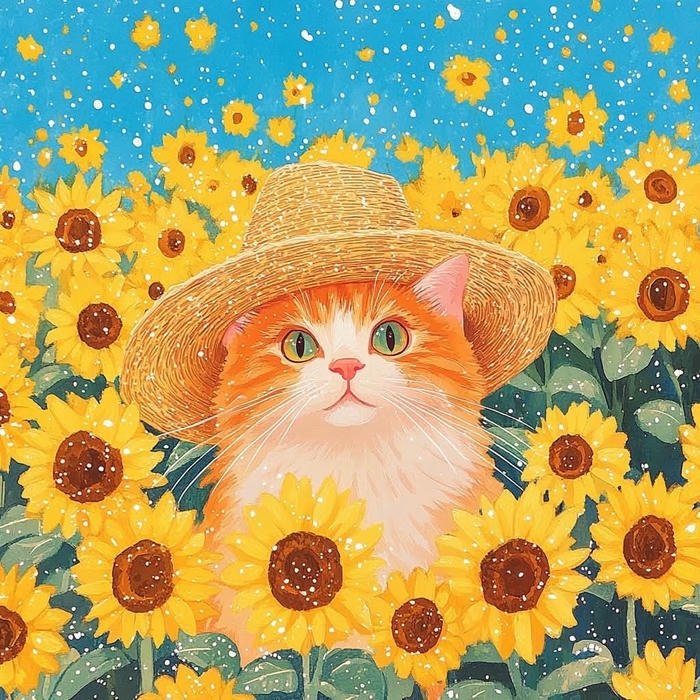 Tranh vẽ hoa hướng dương chú mèo đội mũ rơm xinh