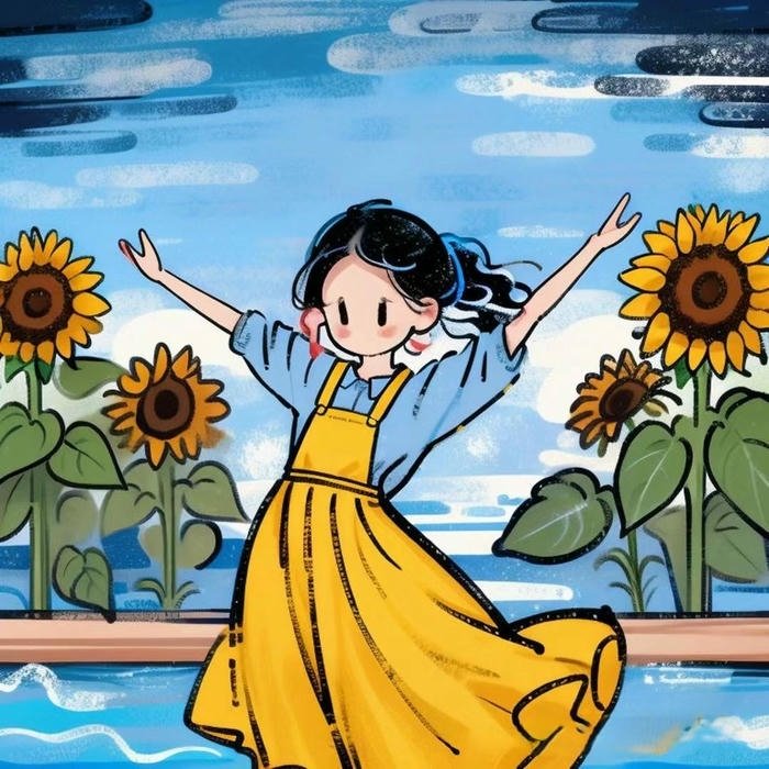 Tranh vẽ hoa hướng dương cô gái vui đùa giữa đồng hoa