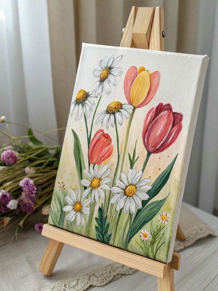 Tranh vẽ hoa tulip bó hoa hồng tím trên nền trắng