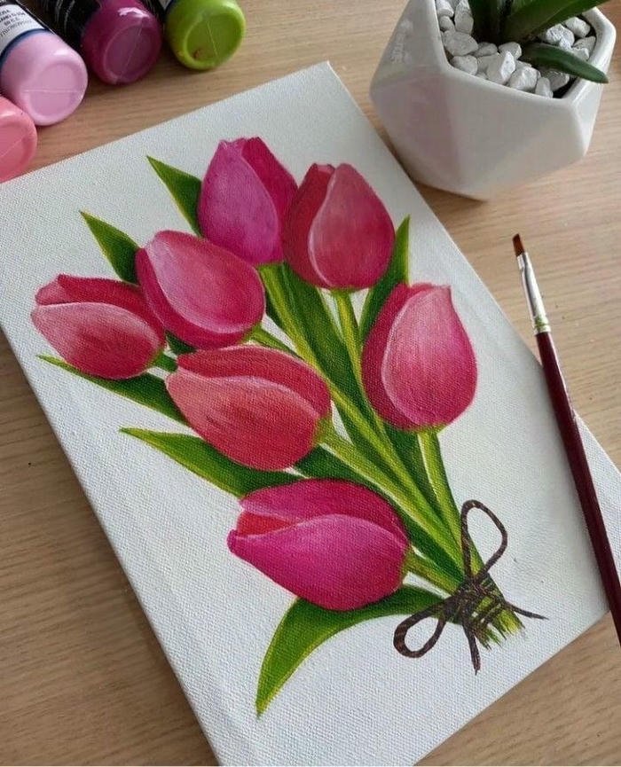 Tranh vẽ hoa tulip bó hoa nằm nghiêng rất nghệ thuật