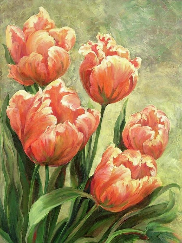 Tranh vẽ hoa tulip cam vàng tươi sáng khoe sắc thắm