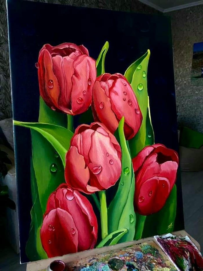 Tranh vẽ hoa tulip đỏ tươi bó lớn trên nền đen