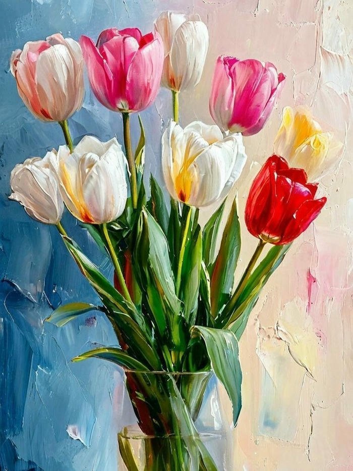 Tranh vẽ hoa tulip đủ màu sắc cắm trong bình cao