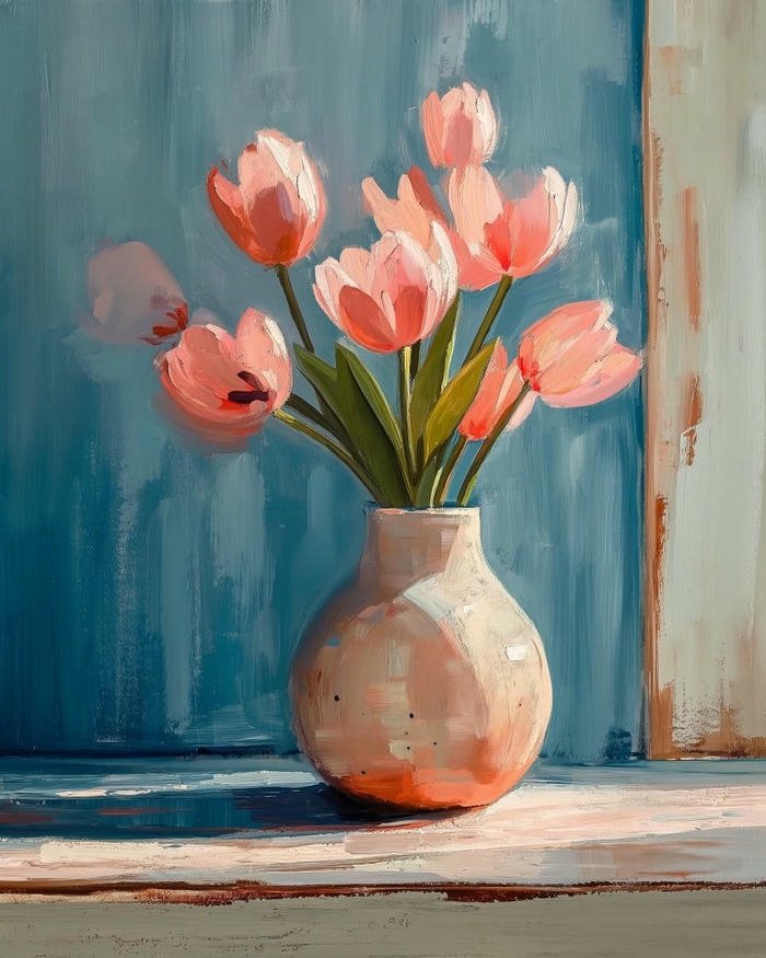 Tranh vẽ hoa tulip hồng cam trong bình gốm tròn đẹp