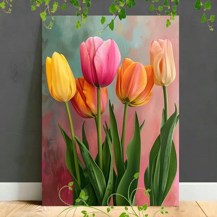 Tranh vẽ hoa tulip nhiều màu sắc rực rỡ trong bình
