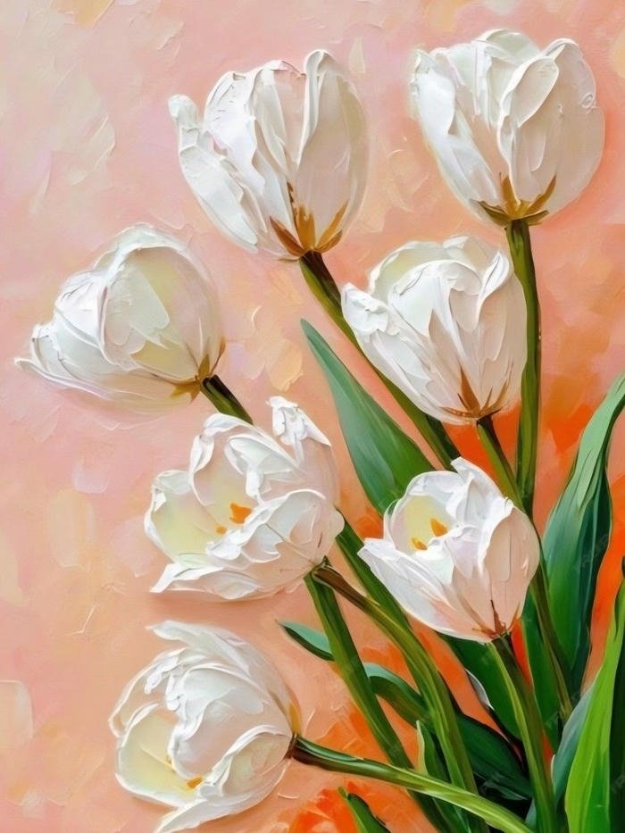 Tranh vẽ hoa tulip trắng hồng cận cảnh rất sắc nét