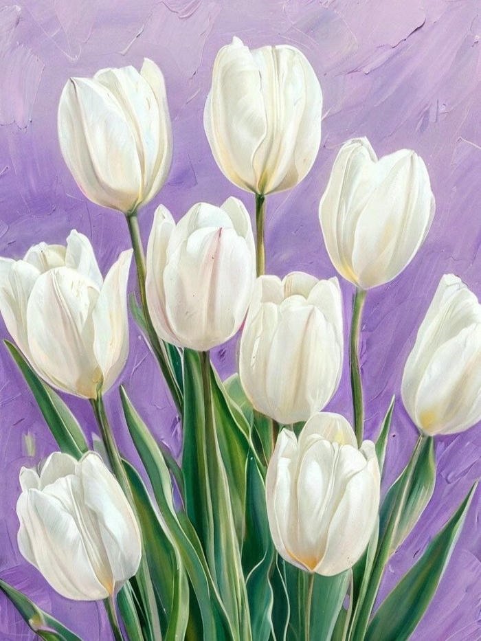 Tranh vẽ hoa tulip trắng tinh khiết trong bình thủy tinh