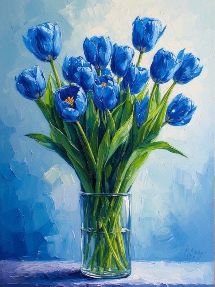 Tranh vẽ hoa tulip xanh nước biển trong bình trong suốt