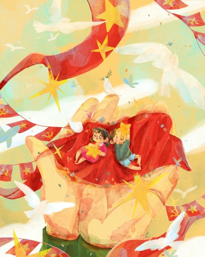 Vẽ tranh ngày quốc khánh 2 em bé