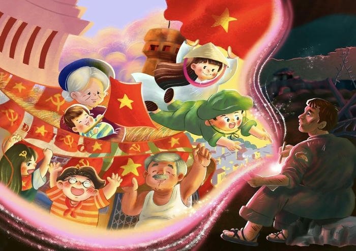 Vẽ tranh ngày quốc khánh biển người cầm cờ đỏ sao vàng