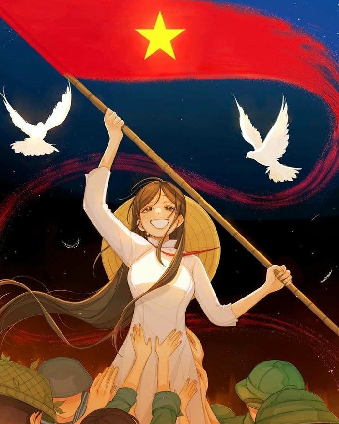 Vẽ tranh ngày quốc khánh cô gái cầm cờ đỏ sao vàng