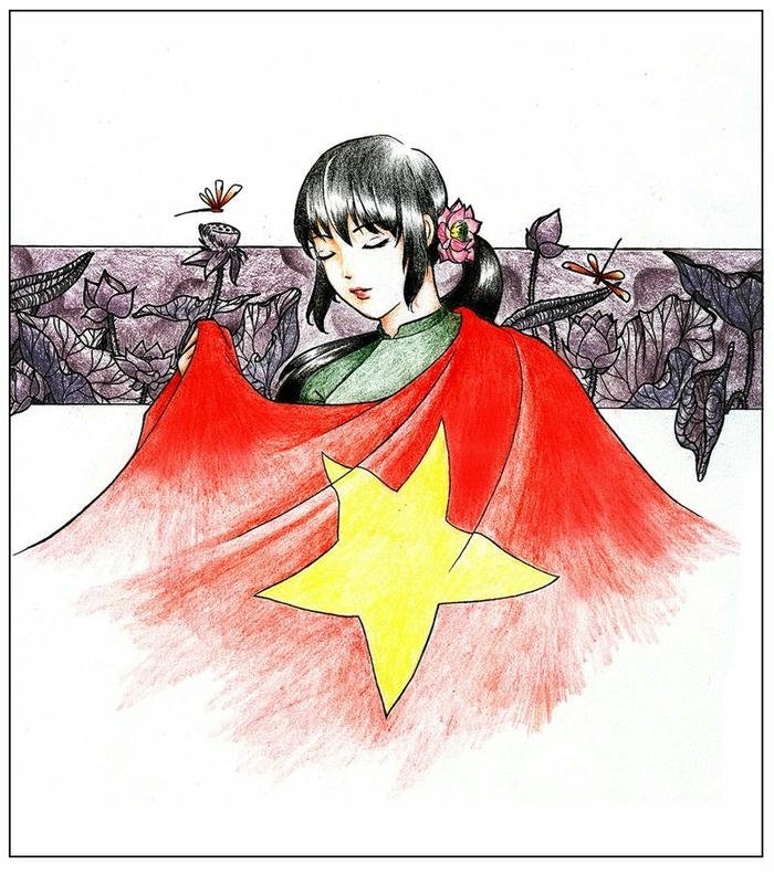 Vẽ tranh ngày quốc khánh cô gái quấn lá cờ tổ quốc